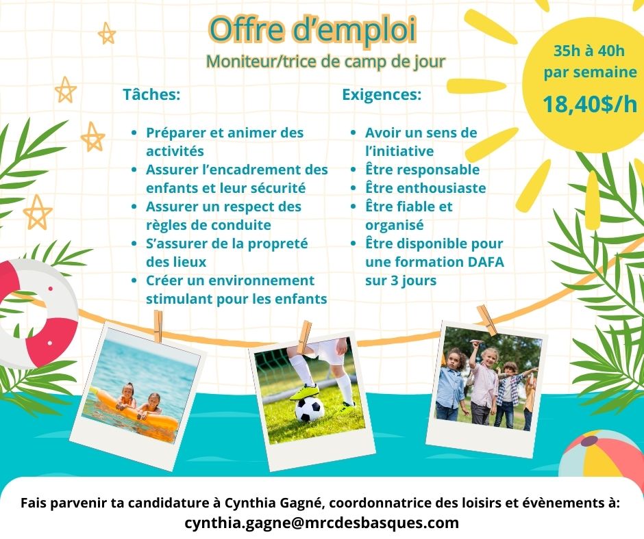 Offre d’emploi Moniteur/trice de camp de jour Municipalité de Saint